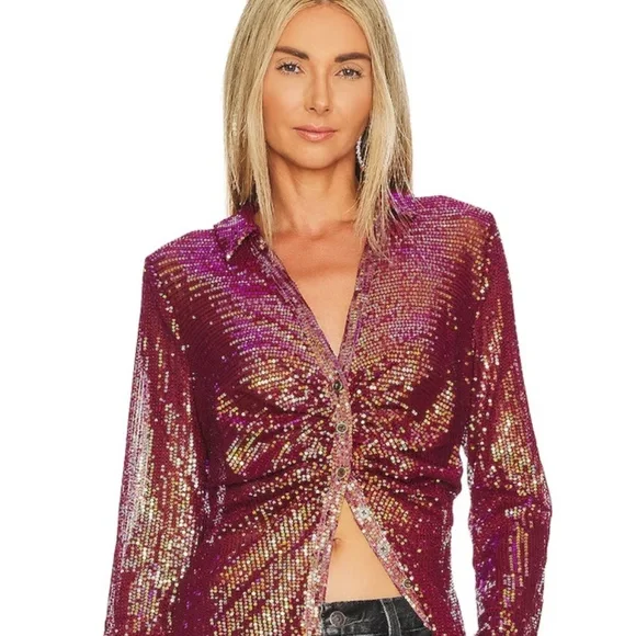 BNWT! Free People Sheer Sequin Shirtee Top in Dark Rhubarb Size XS - Picture 1 of 6
